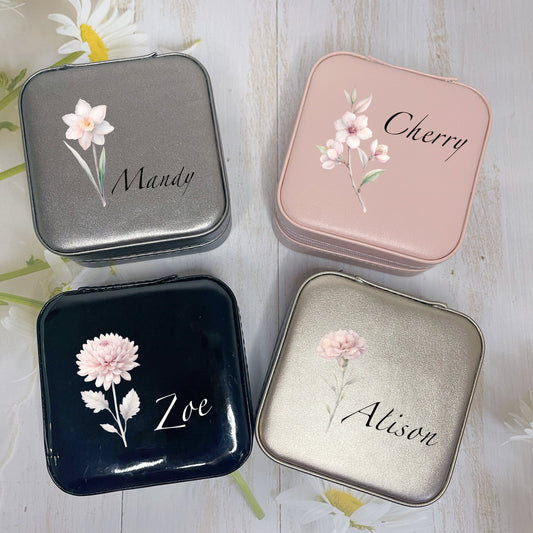 Birthflower travel jewellery box with name