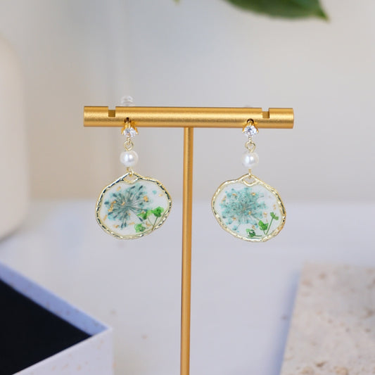 Green Crystal Grass Earring with Faux Pearl