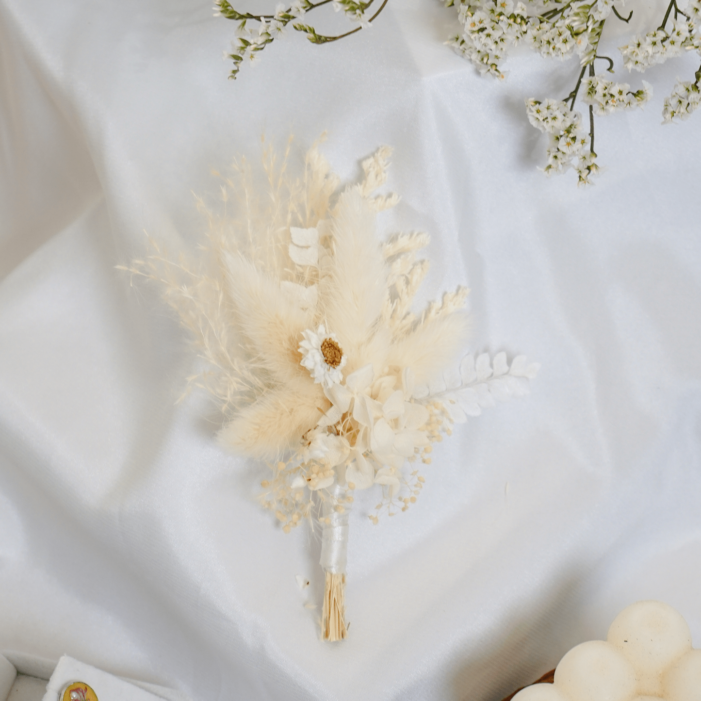 Dreamy White Dried Flower Wedding Boutonniere