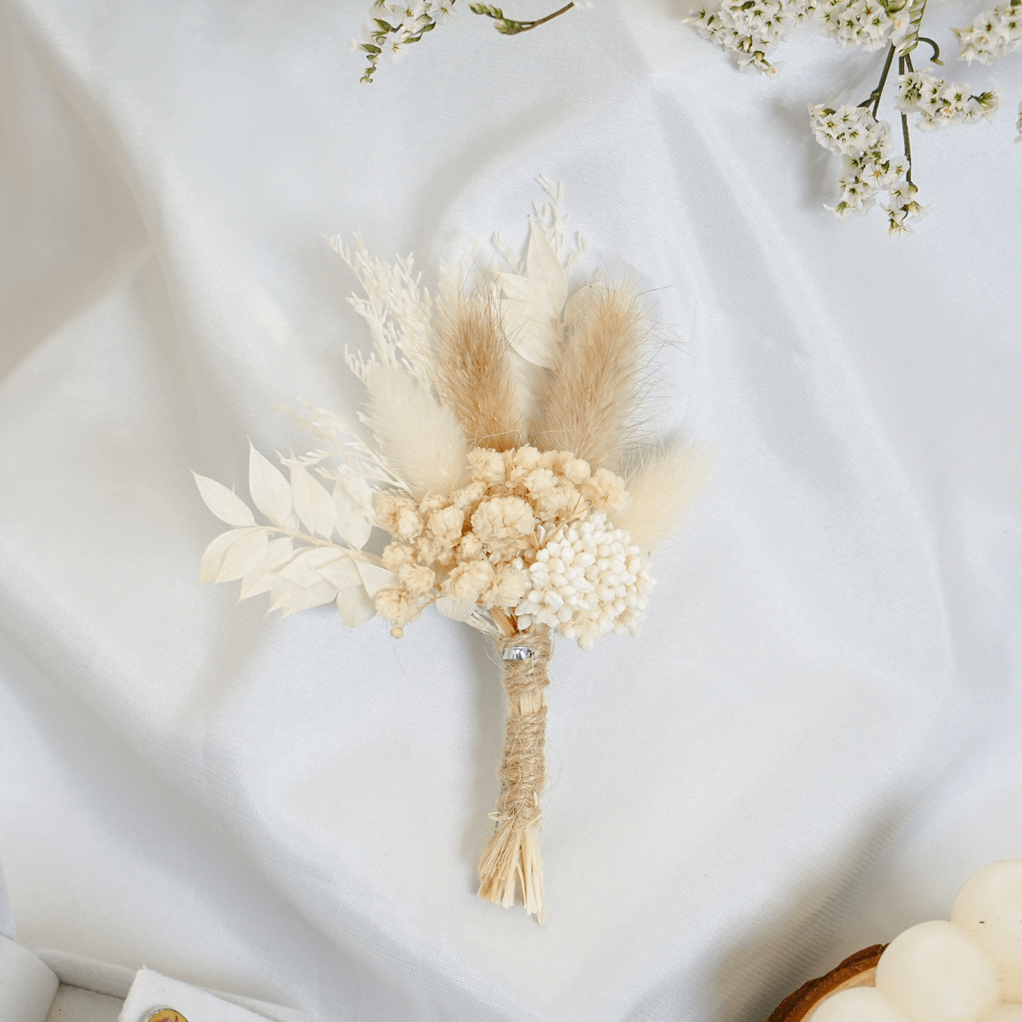 Dreamy White Dried Flower Wedding Boutonniere