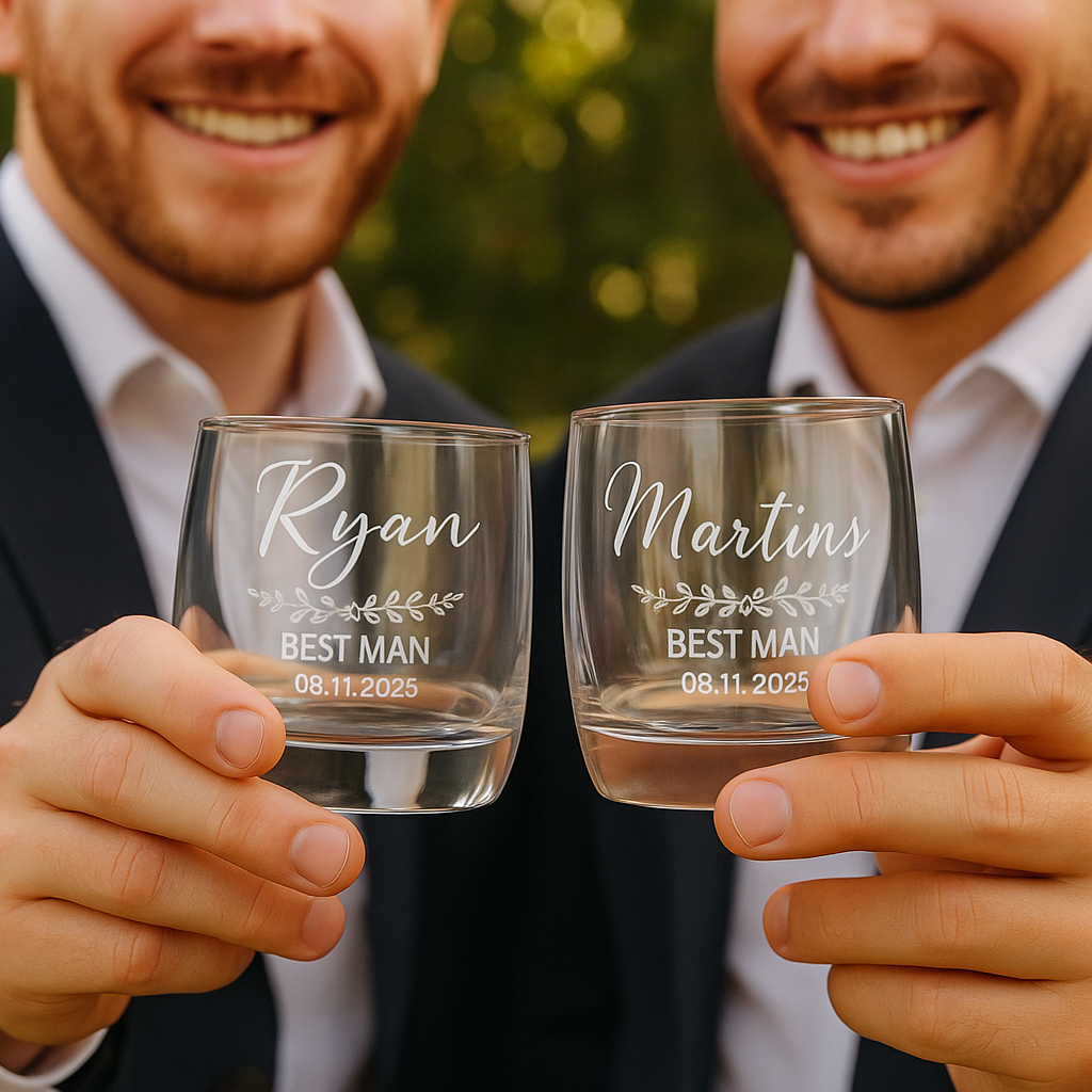 Two men holding personalized glass tumblers with engraved names and dates.