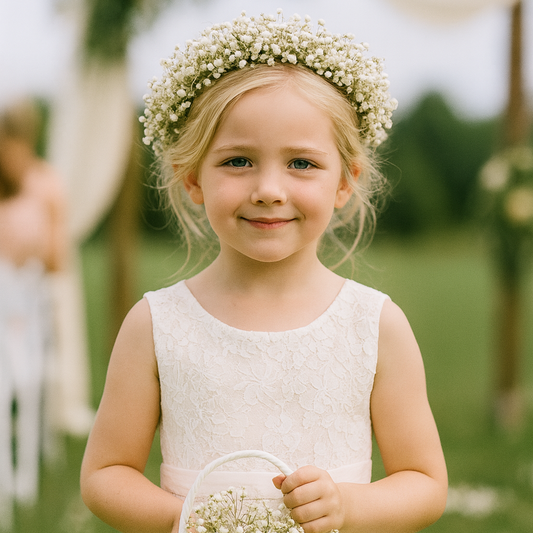 Young girl in a white dress with a flower crown and basket, standing outdoors.