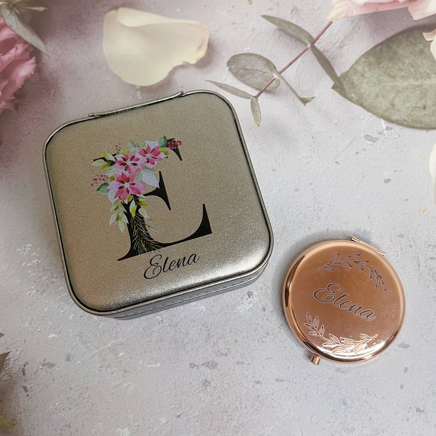 Floral Initial Travel Jewellery Box & Mirror Bundle