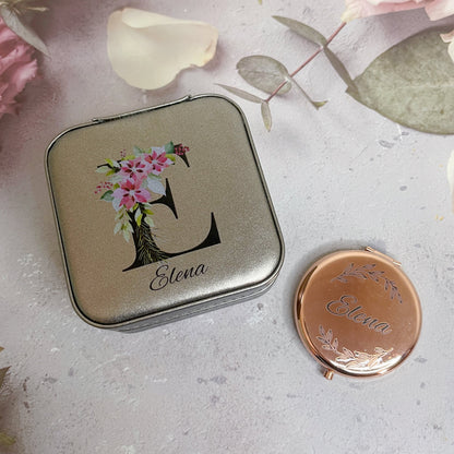 Floral Initial Travel Jewellery Box & Mirror Bundle