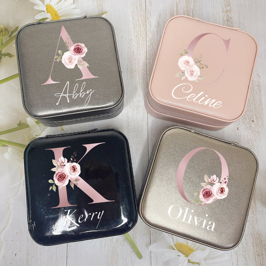 Floral Initial Travel Jewellery Box with Name