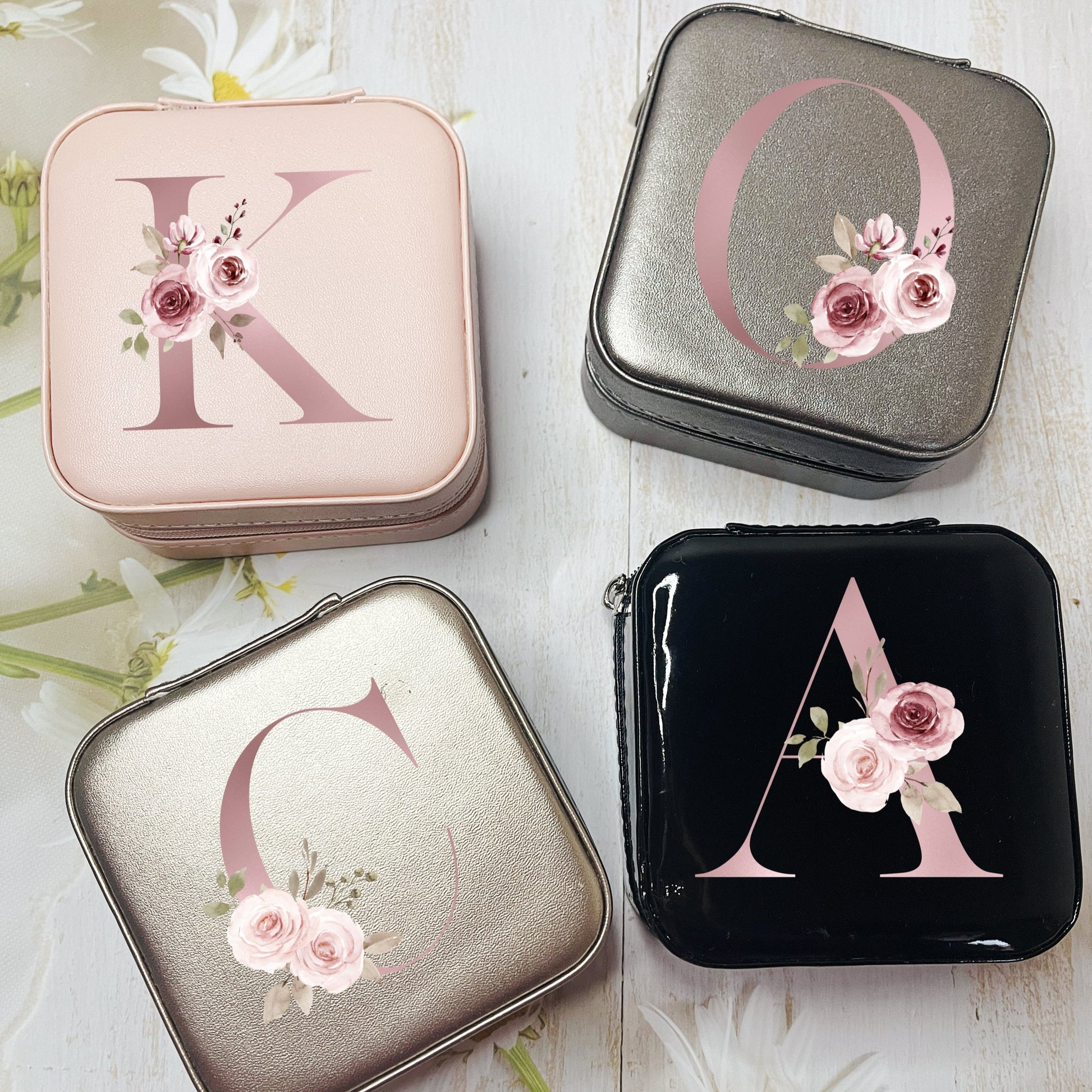 Floral Initial Travel Jewellery Box with Name