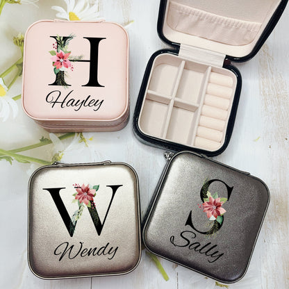 Floral Initial Travel Jewellery Box with Name