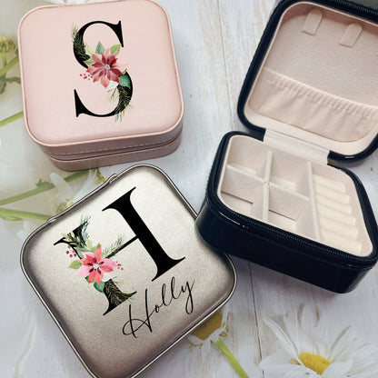 Floral Initial Travel Jewellery Box with Name