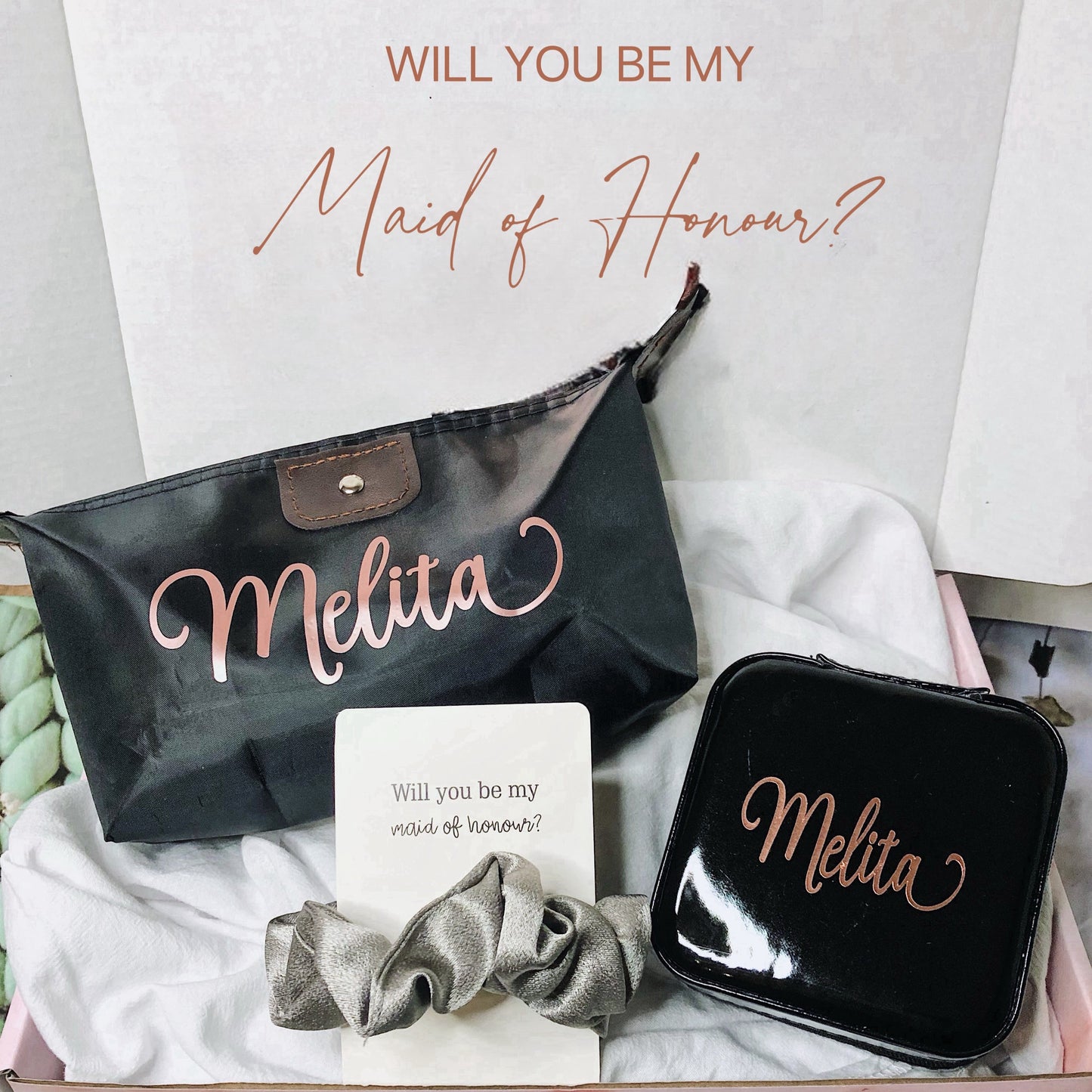 Our gift box includes personalized items like make up bag, travel jewelry box, and message scrunchies, offering a thoughtful and stylish gift for any special occasion.