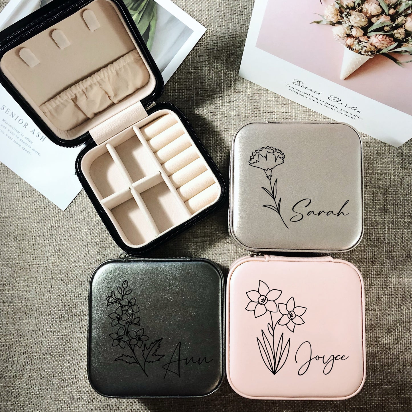 Birth Month Flower Travel Jewellery Box with Name