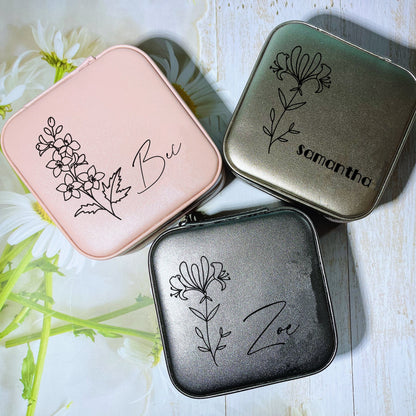 Birth Month Flower Travel Jewellery Box with Name