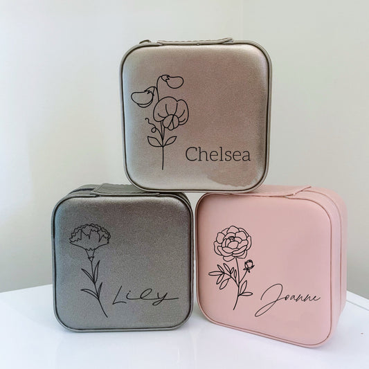 Birth Month Flower Travel Jewellery Box with Name