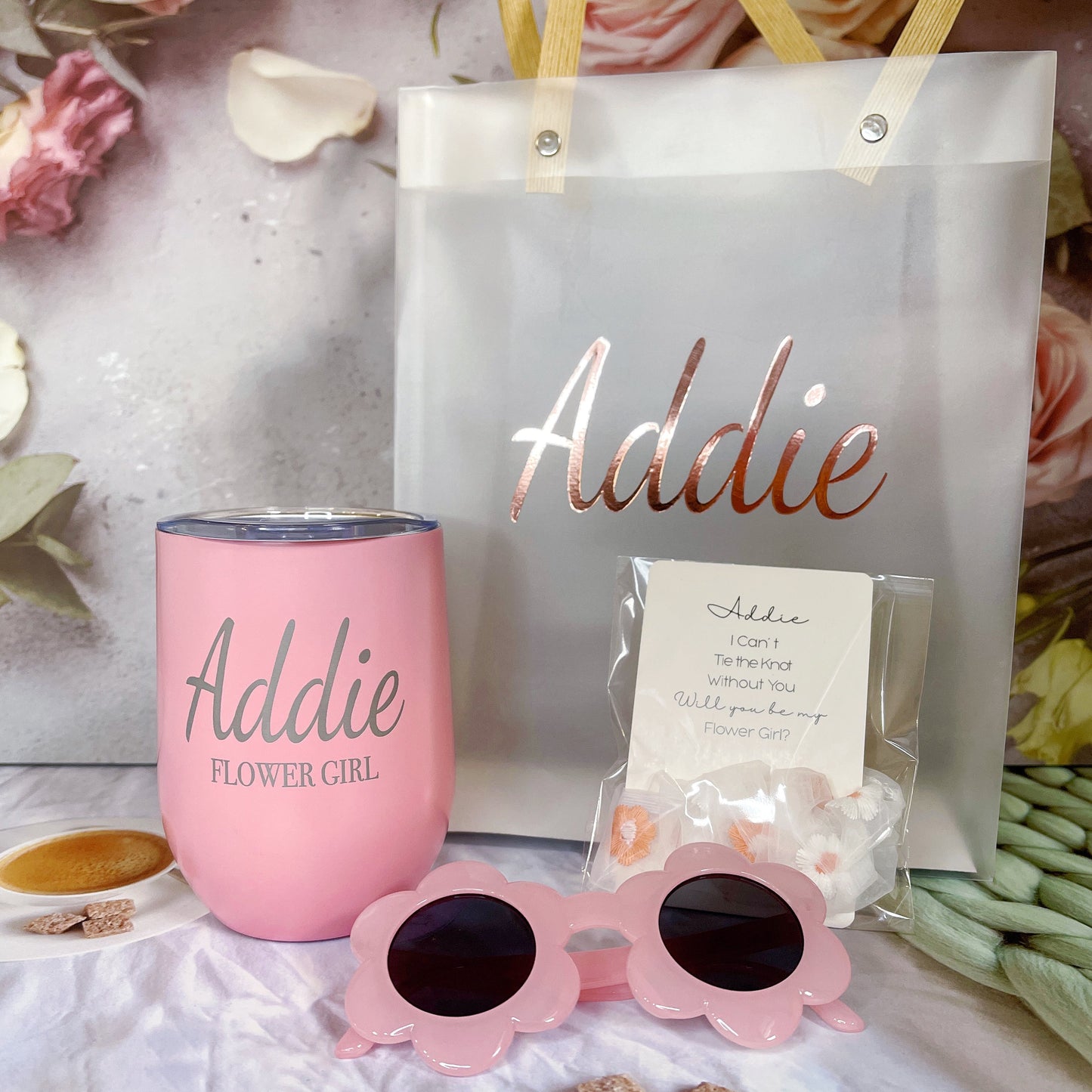 Flower Girl Gift Bundle: PVC bag, floral scrunchies, sunglasses, and tumbler - perfect keepsakes!