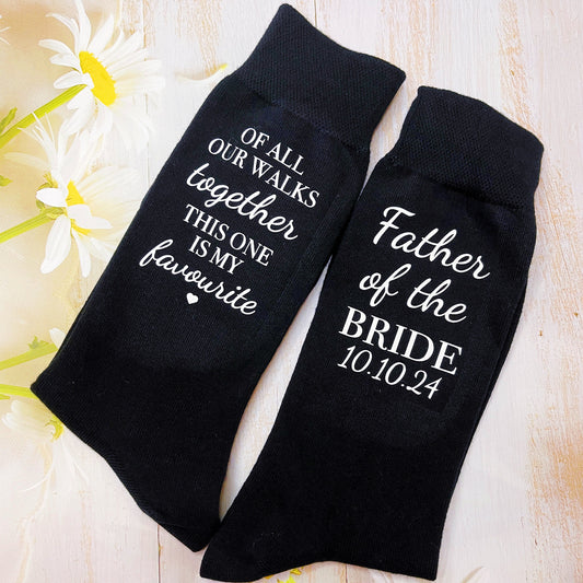 "Of all the walks we've taken together, this one is my favorite."  Gift your dad a moment to remember on your special day with these personalized Father of the Bride socks.