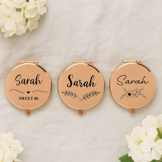 Three compact mirrors with 'Sarah' and decorative elements on a light background with flowers.