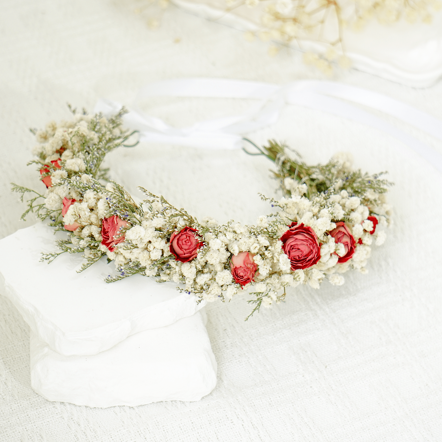 Romantic White Baby’s Breath & Rose Flower Crown