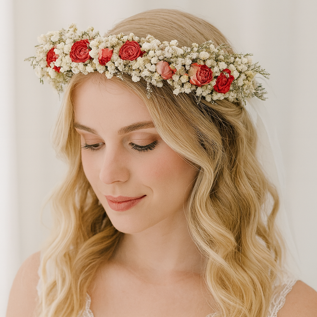 Woman wearing a floral headband with red and pink flowers against a plain background