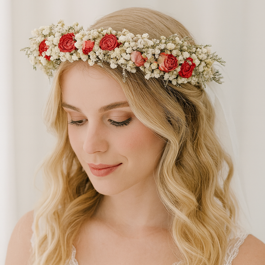 Woman wearing a floral headband with red and pink flowers against a plain background
