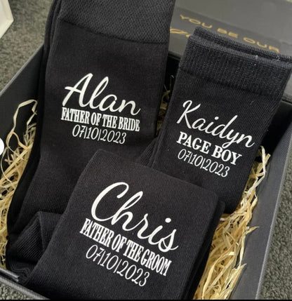 Buy Personalized Wedding Socks for Groom and Groomsmen Online! These stylish socks are perfect for the wedding day. Order Now for a special and personalized touch to your attire!