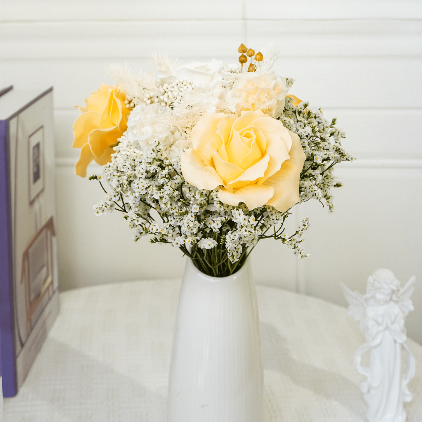 White Hydrangea & Rose Dried Flower Bouquet