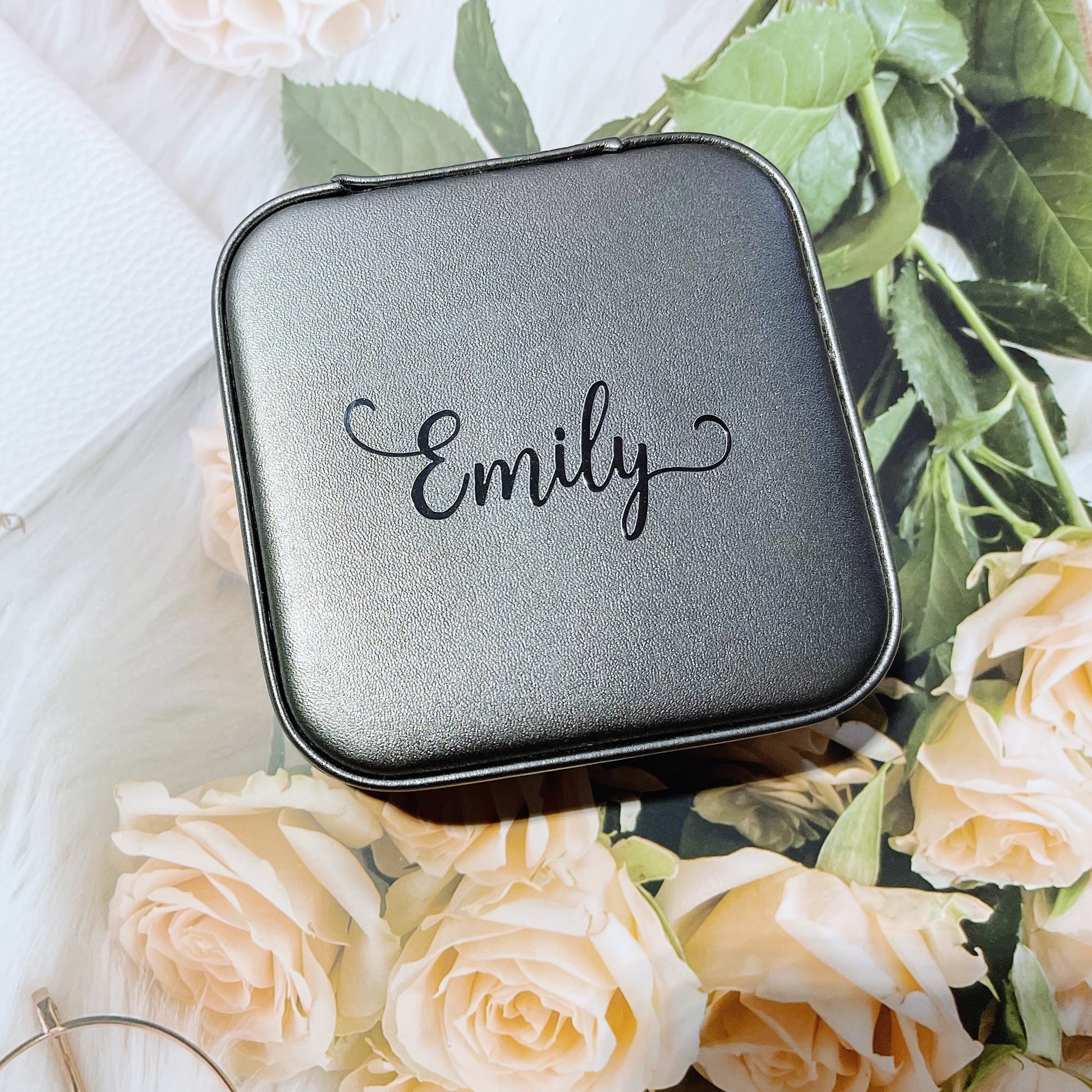 Our gift box includes personalized items like make up bag, travel jewelry box, and message scrunchies, offering a thoughtful and stylish gift for any special occasion.