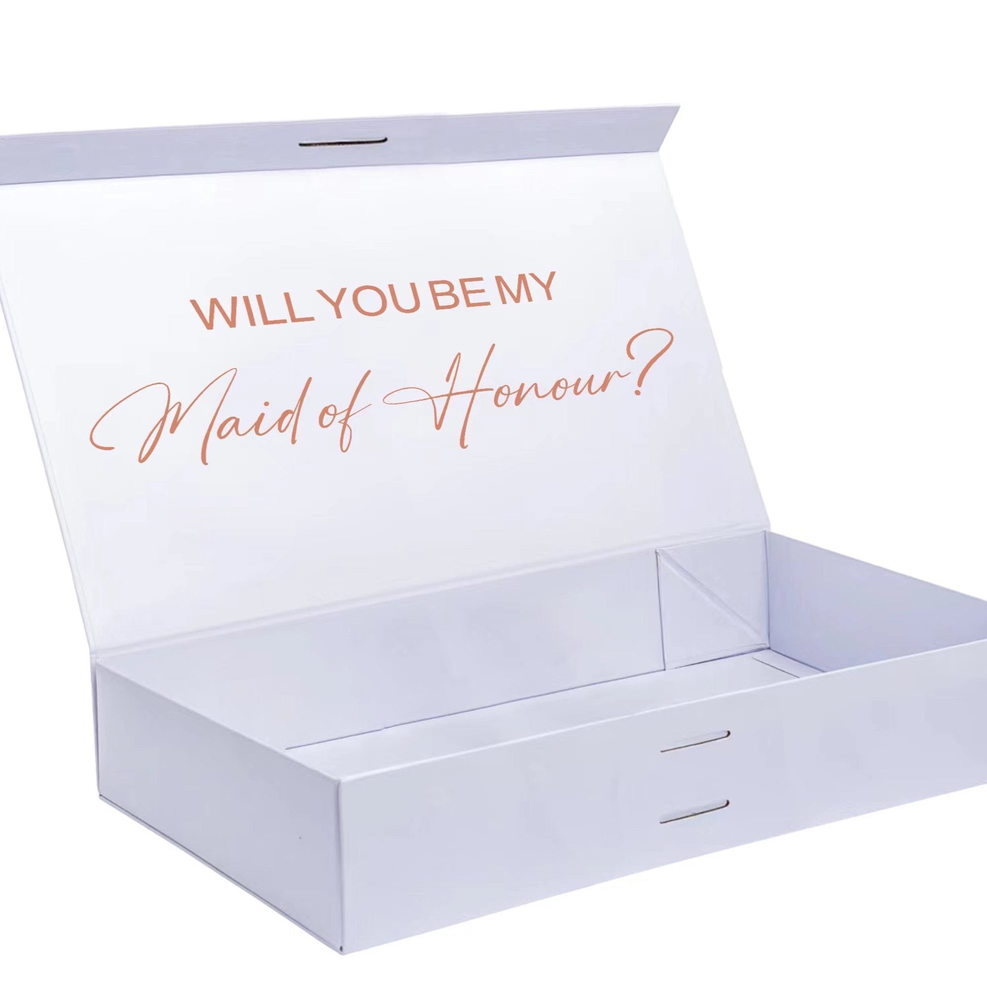 Elegant empty gift box designed for bridesmaid proposals, featuring a sleek and stylish design perfect for adding your own personal touch and filling with thoughtful gifts.